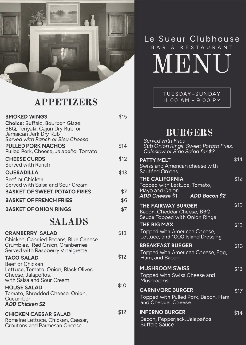 Le Sueur Country Club Menu 2025 1